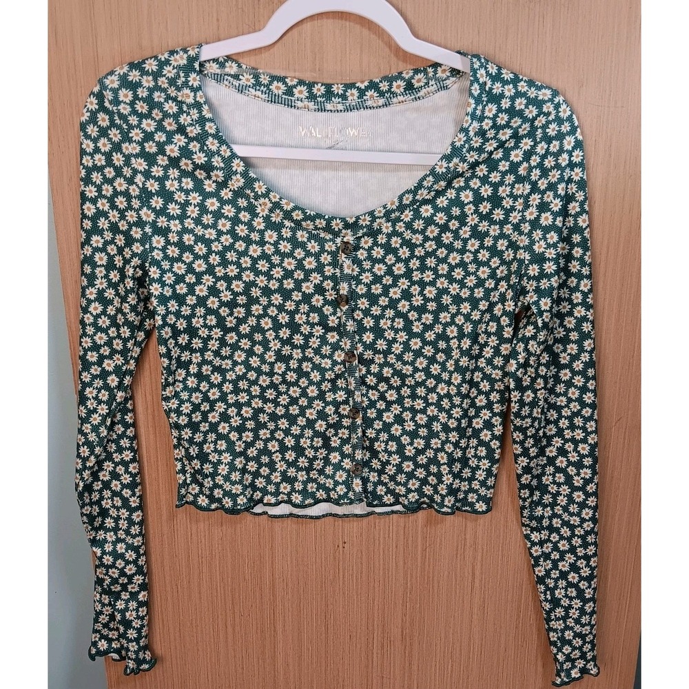 Wallflower M‎ Ladies CroppedTop Spring Summer Long Sleeve Green With Daisy's